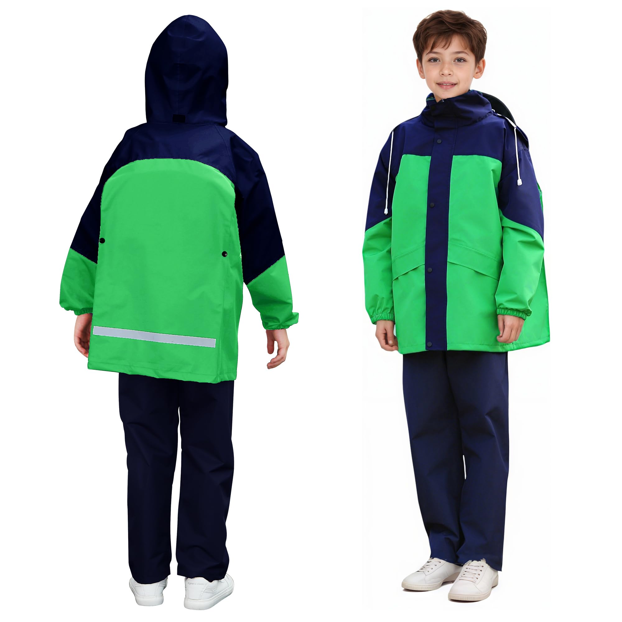 Niño Chubasquero Impermeable con Capucha y Bolsa Portátil Chaqueta Lluvia & Pantalones Traje Impermeable Traje de Lluvia Conjunto Ligero Acampada Primavera Abrigos para 11-12 años, Verde