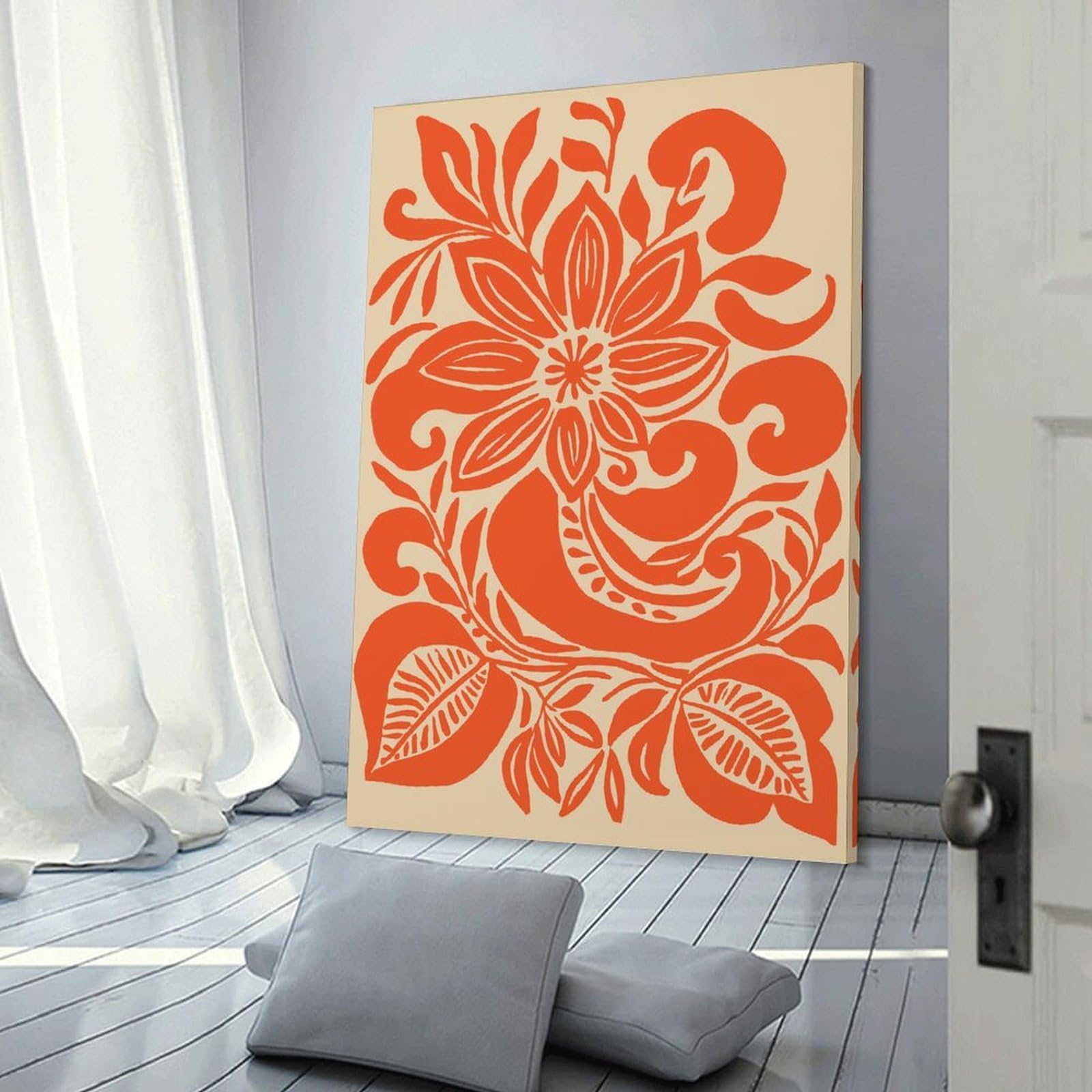 Junmoney Orange Floral Pattern on Beige Background Room Decor Wall Art 16x24inch(40x60cm), for Wall Displays, Bedrooms Or Room Updates, Ideal for Building A Coordinated Art Wall