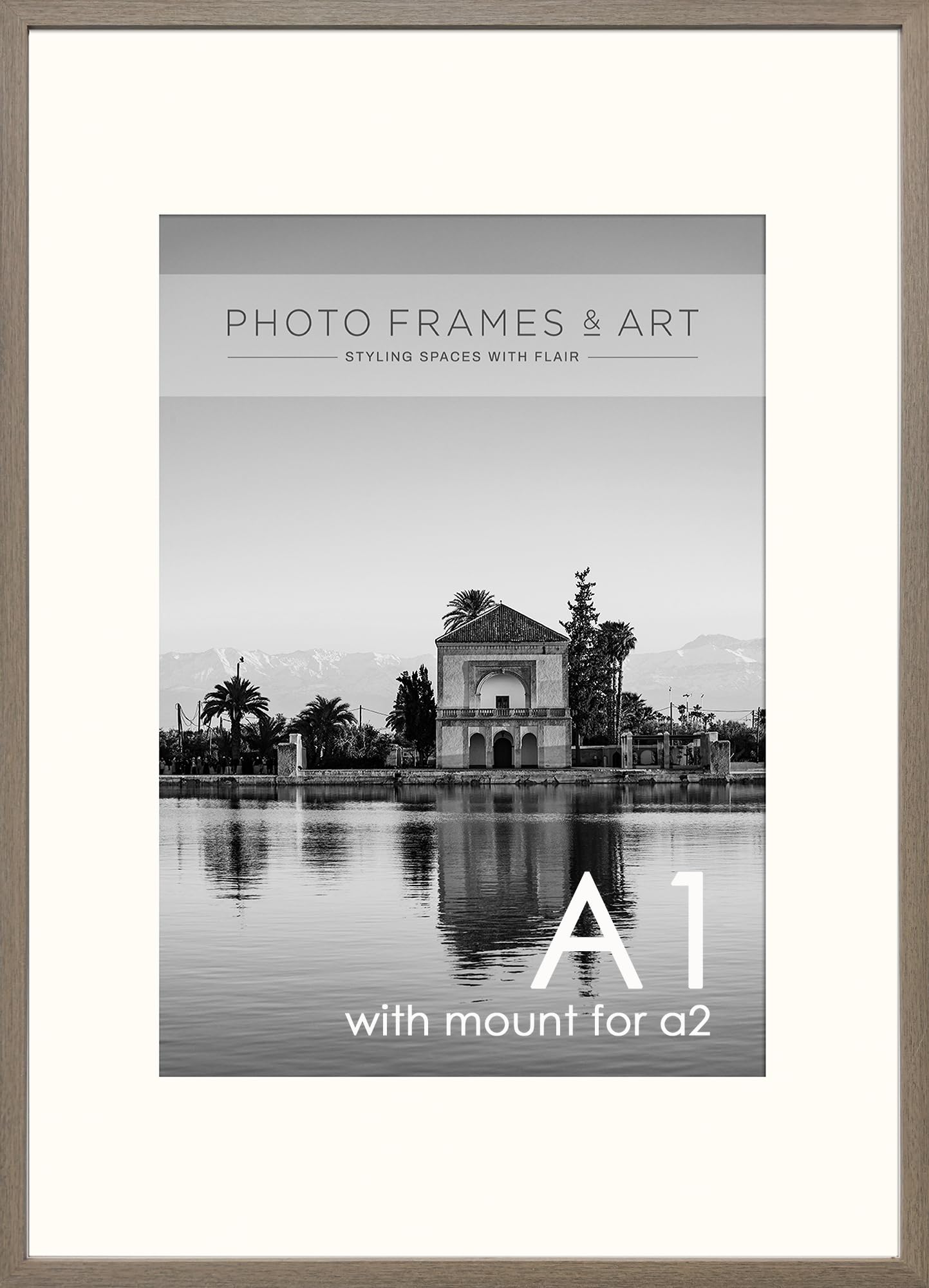 pf+a REAL WOOD Large A1 For A2 Poster Frame - A2(42x59.4cm) Frame With Mount Washed Walnut Effect - Wall Mountable - A1(59.4x84.1cm) Removable Mount