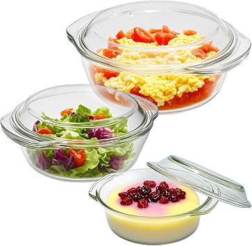 Set of 3 Glass Casserole Dishes with Lids, 0.7L+1.5L+2L Round Oven Bowl