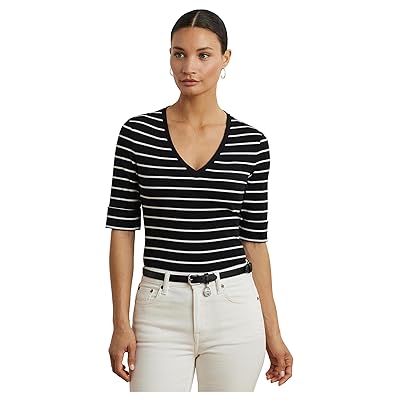 Lauren Ralph Lauren Petite Striped Cotton Elbow sleeve V neck T Shirts Women