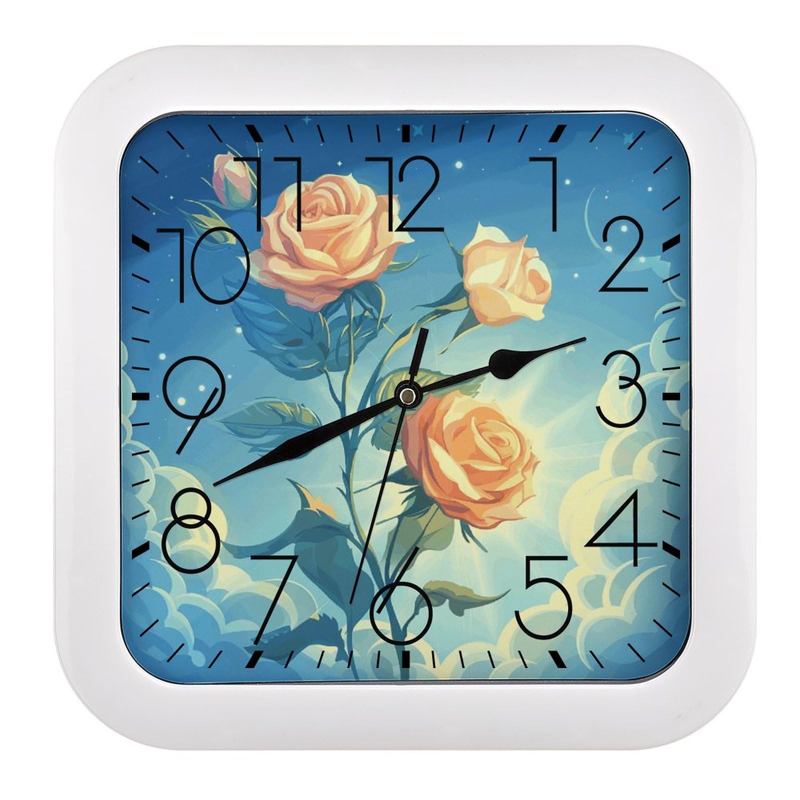 Horloge murale carrée fleurs oranges pour décoration de bureau et maison