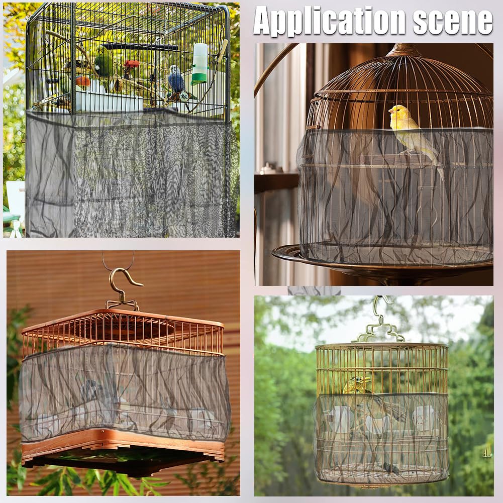 CREATCABIN Black Bird Cage Seed Catcher Bird Cage Net Cover Stretchy Form Fitting Mesh Skirt Cover Adjustable Universal Seed Catcher Guard Net Cover Gauze Birdcage Cover for Round Square 55~87x12Inch - Image 3