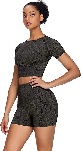 Miniatura 2 de Sytiz Conjunto de 2 piezas de yoga sin costuras para mujer pantalones cortos de gimnasio y camiseta corta de manga corta