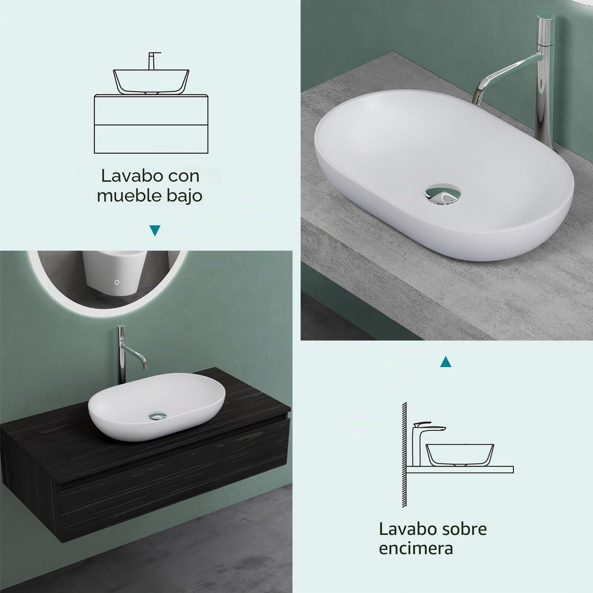 Mai & Mai Lavabo sobre Encimera Lavabo Baño | Ovalado | Blanco Mate | Mármol Fundido | 54x34x11cm | sin Orificio para Grifo sin Rebosadero | Colossum808