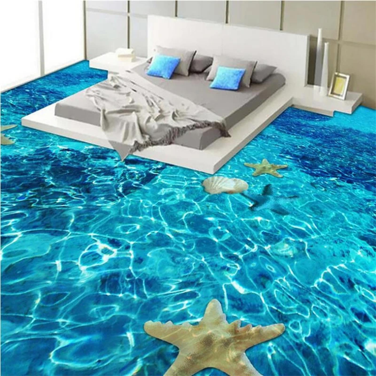Sticker mural 3D mer transparente et étoiles de mer auto-adhésif pour sol