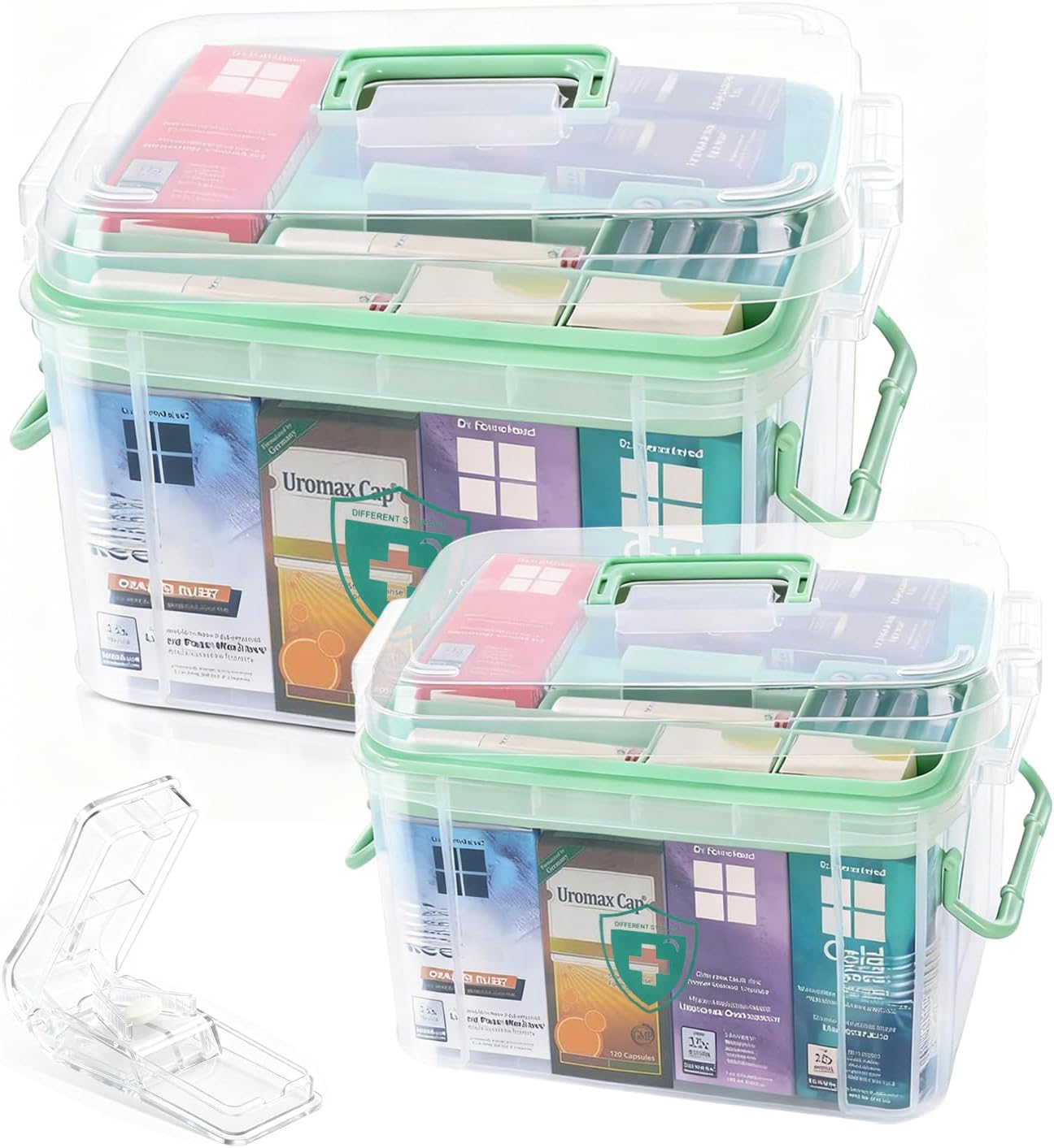 2 Pack Clear Medicine Organizer Storage Box Plastic First Aid Box Empty Medicine Container Chest, Multipurpose Medical Case Medicine Caddy Bin for Home, Office, Travel