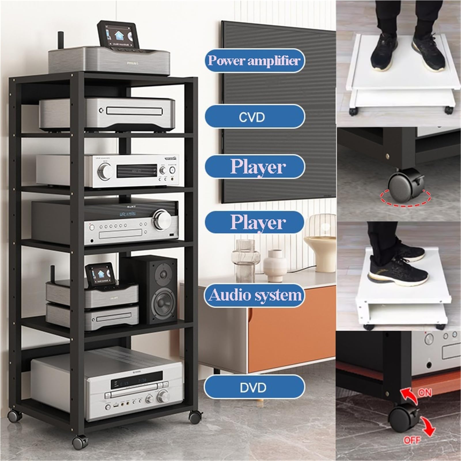 Audio HiFi Regal Rack 7-stufiges Audio-Rack for Heimkino, Stabiler Metallrahmen mit 360-Grad-Rollen, höhenverstellbares Regal for Büros/Aufnahmeräume/Heimkino(Schwarz)