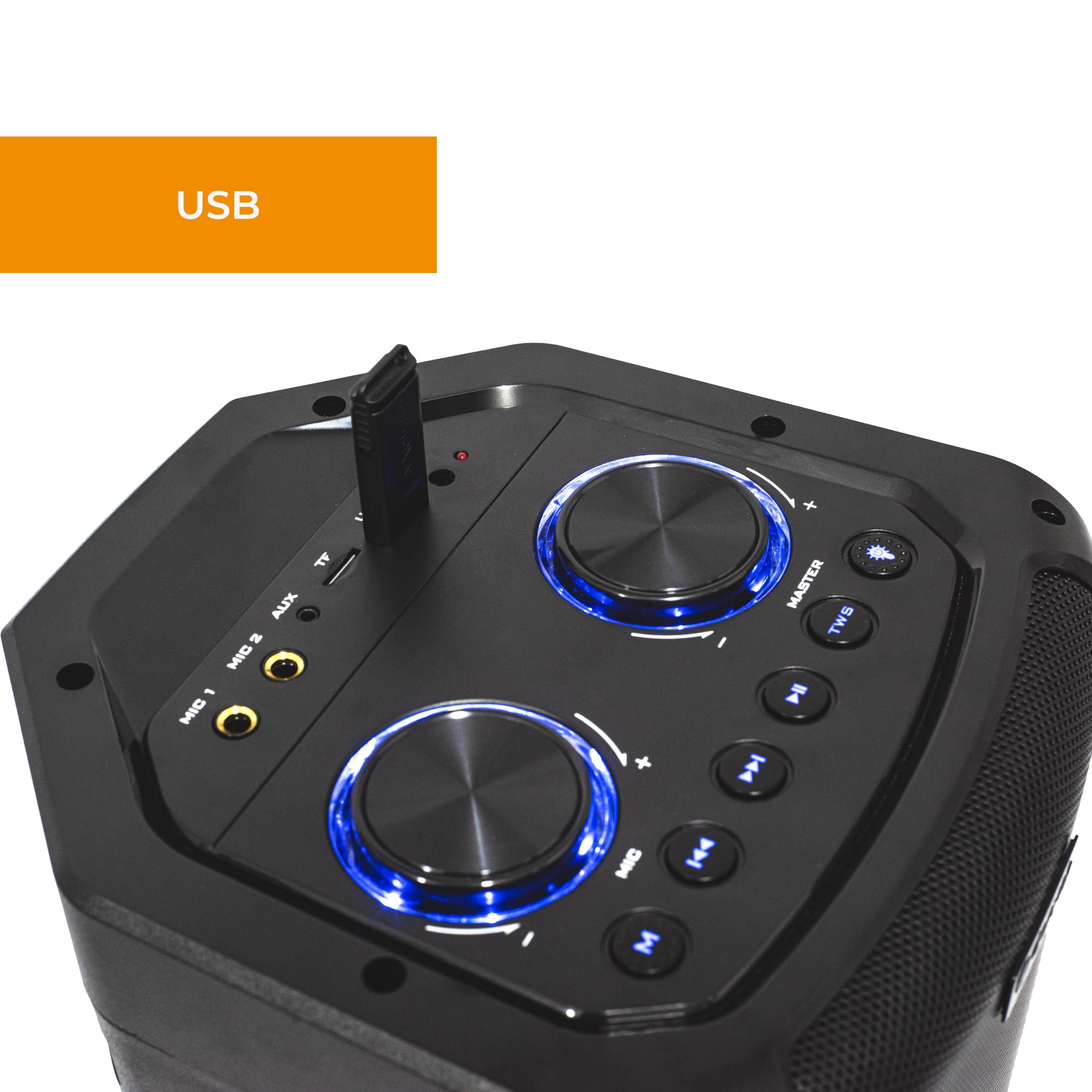 Denver Party-Speaker BPS-352 mit Bluetooth, Party-Lautsprecher, Karaoke | Karaoke Box mit Mikrofon, LED Lichteffekt, TWS Stereo Kopplung, 2x 6,5 Zoll Woofer, USB, MicroSD, AUX, Akku