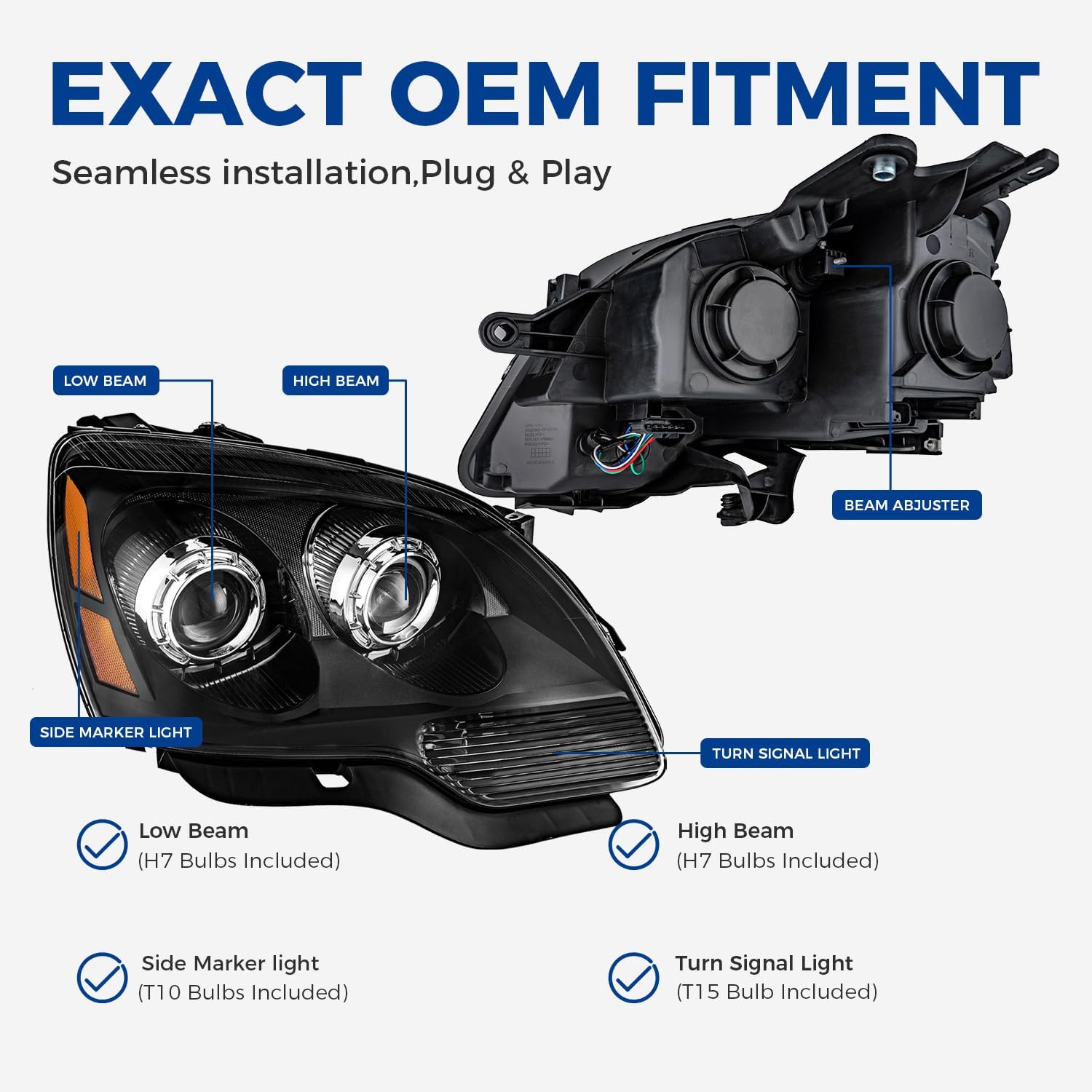 Headlights Assembly Compatible with 2007-2012 GMC Acadia OE Style Headlamps with Bulbs Pair Black Housing Replacement Driver & Passenger Side NOT FIT HID