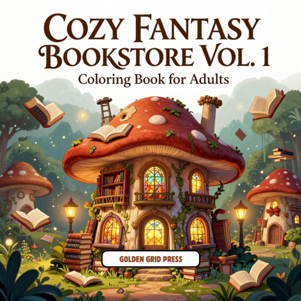 Cozy Fantasy Bookstore Vol Coloring Book for Adults: Relaxing Whimsical Bookshops & Fantasy Scenes