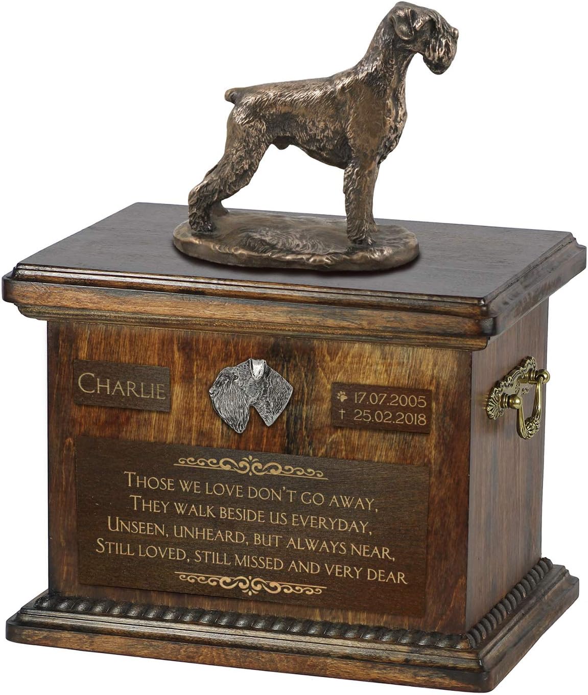 Art-Dog Custom Dog Sitting Statue Memorial Urn - Handmade Cold Cast Bronze on Birch Base – Sturdy and Stylish Urn for Dog’s Ashes – 8.3x11.4x8.7 – 5l – Schnauzer II