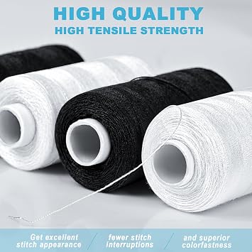 Thread for Sewing, All Purpose Thread Polyester (3 White 3 Black), 400 Yards Each Spool with Sewing Needle & Threader, Sewing Threads for Sewing Machine, Hand Stitching, Embroidery.