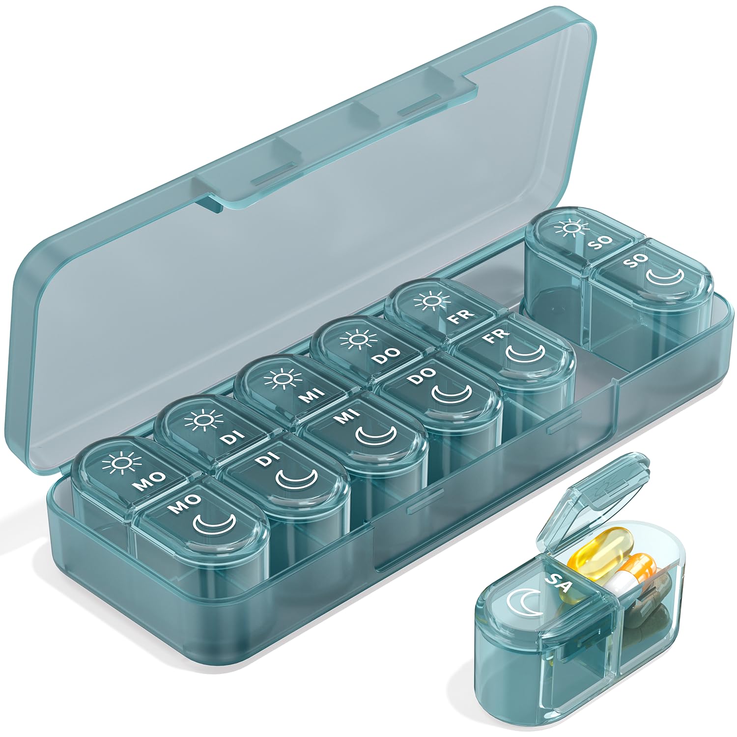 Doruimi Tablettenbox 7 Tage Morgens Abends, Pillenbox 7 Tage 2 Fächer Klein Für Unterwegs, Medikamentenbox 14 Tage Große Fächer Für Medikamente, Vitamine, Fischöl