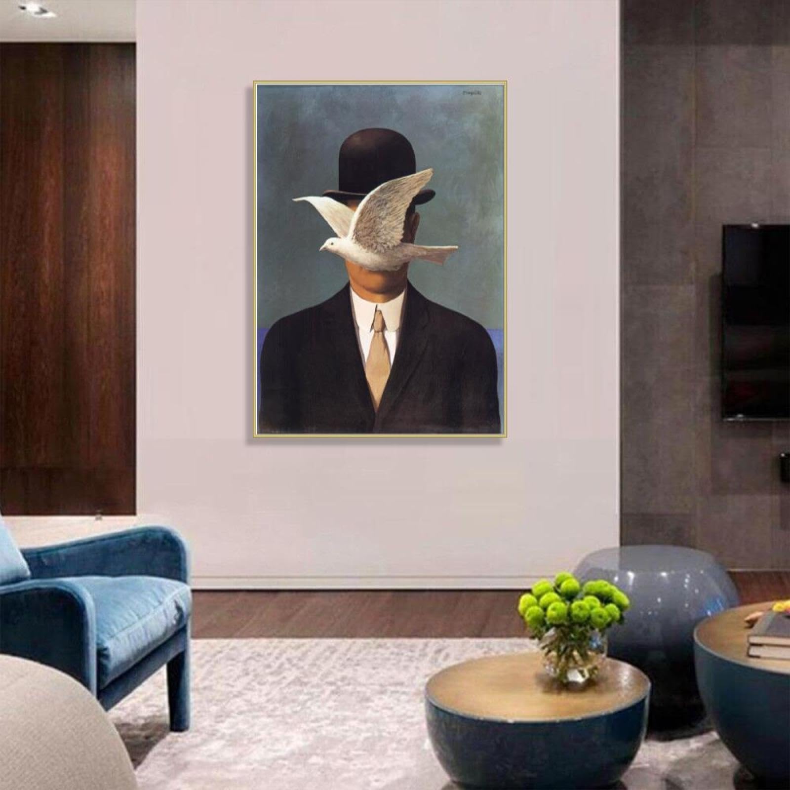 RKGHDCX Cuadros modernos Marco dorado Giclee Lienzo Impresión sobre lienzo famosos Pintura póster Reproducción Cuadros en lienzo para decoración del hogar(Hombre con bombín) 70x100cm(28x33in)