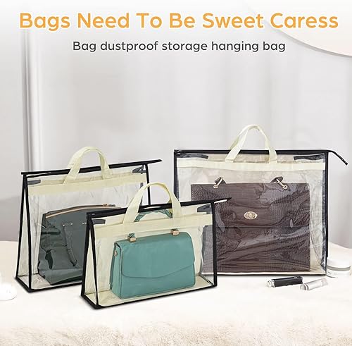 Miniatura 10 de Interesse Paquete de 9 bolsas antipolvo para bolsos, bolsas transparentes y organizador de almacenamiento para colgar en el armario con cremallera,