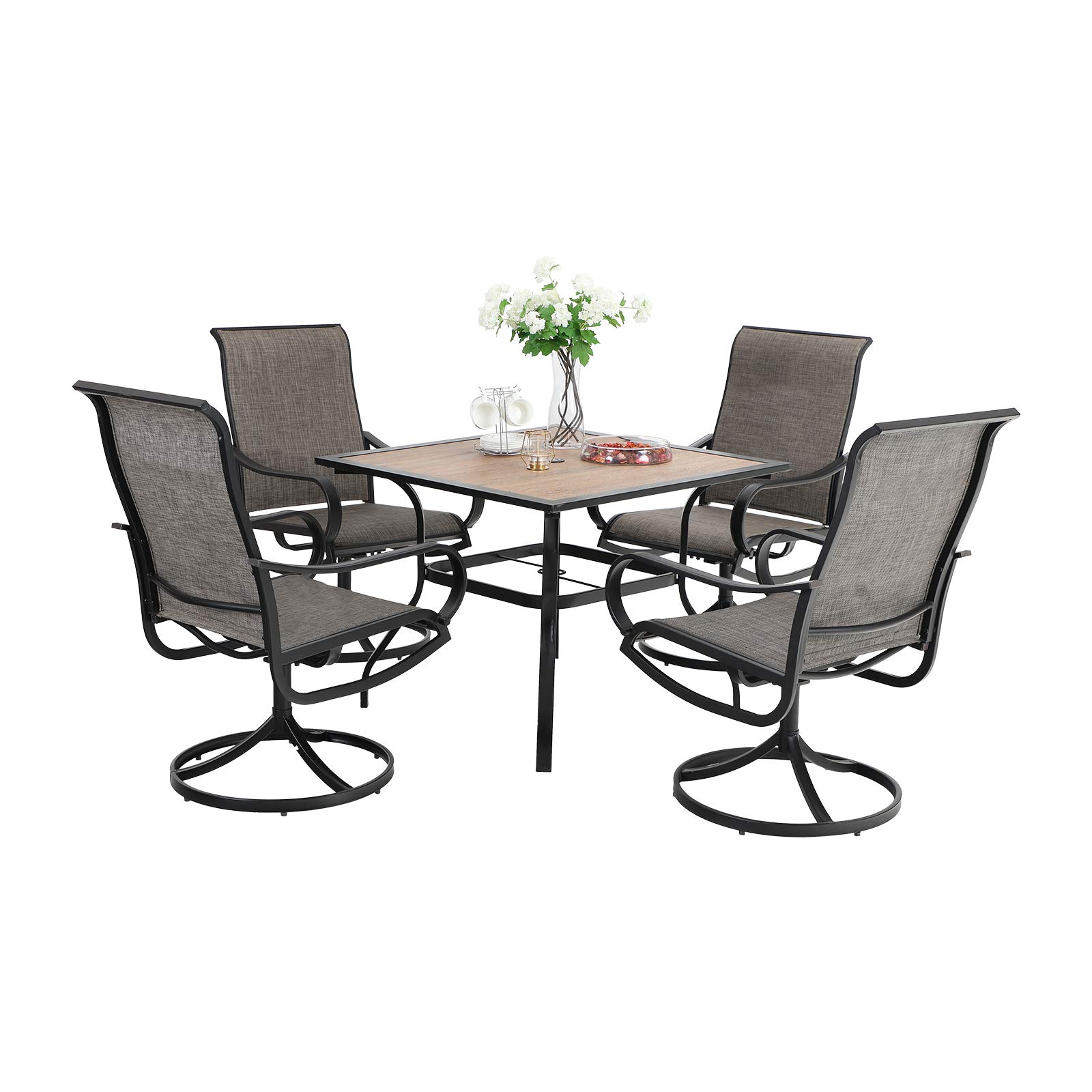 MFSTUDIO 5 Pieces Outdoor Patio Dining Set, 4 Sling Dining Swivel Chairs and 37" Square Metal Table with Wood-Like Top Furniture Sets for Lawn Backyard Garden