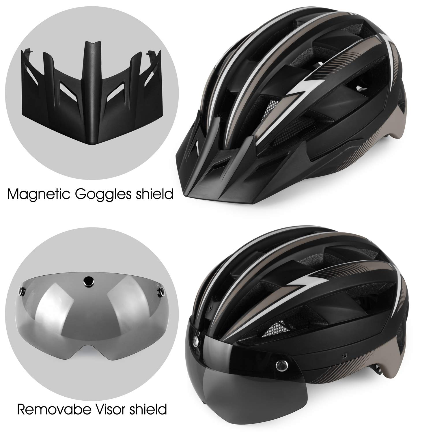 Shinmax Casque de vélo,Casque Velo Homme avec Lumière LED Rechargeable USB Casque Vélo Femme avec Lunettes Magnétiques Détachables Visière Casque VTT pour Adultes Réglable 57-62cm