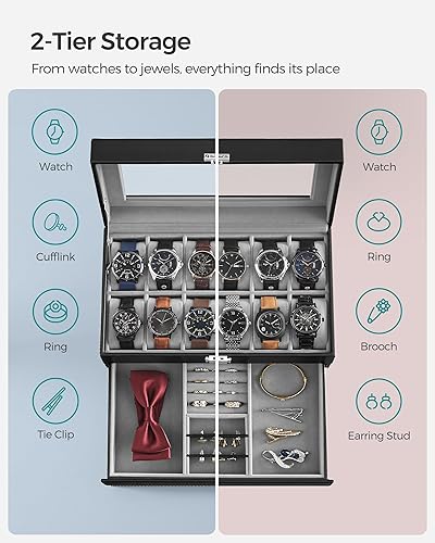 Miniatura 3 de SONGMICS Caja de reloj, Organizador de 12 relojes de hombre, Joyero con cerradura y llaves, Negro UJWB012