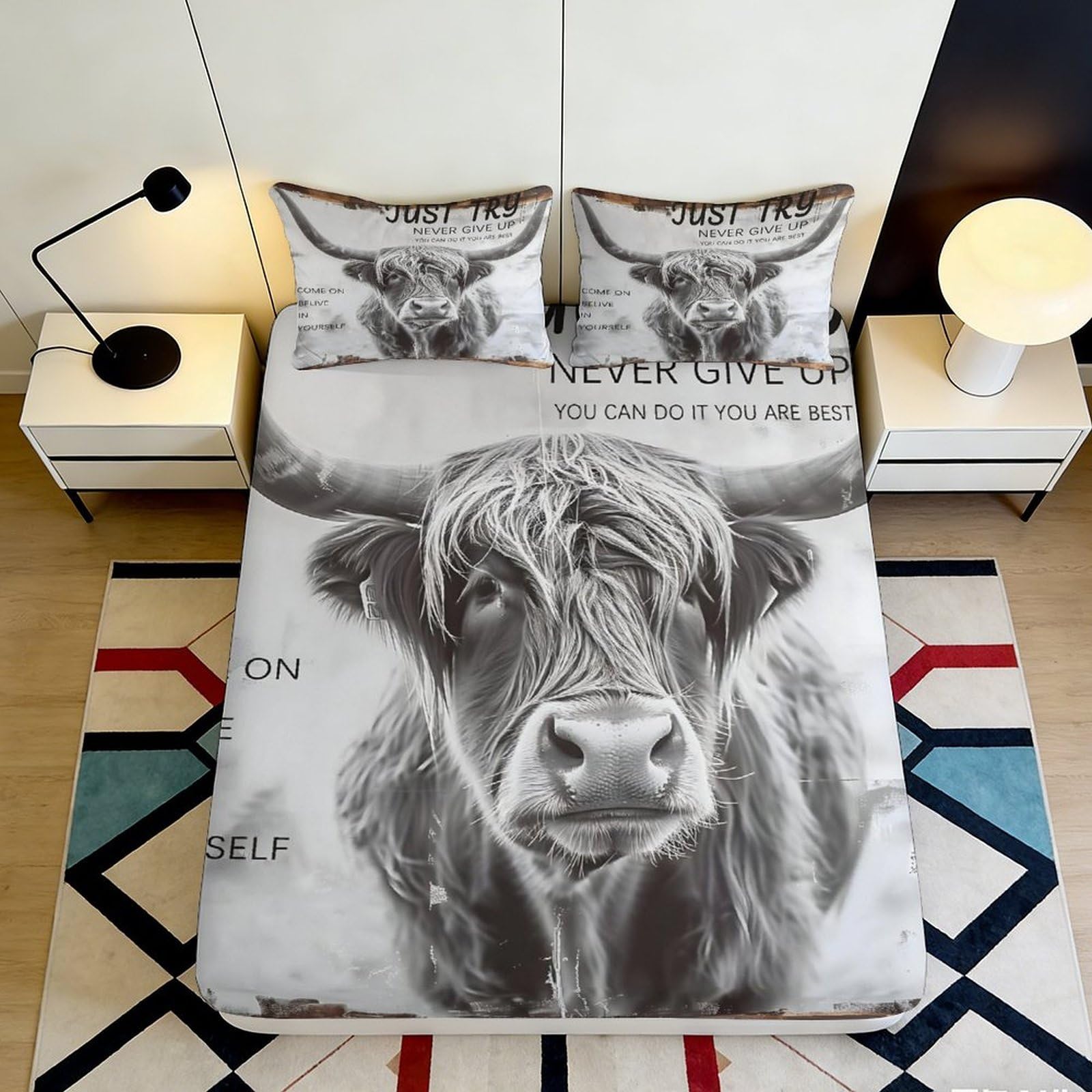 3D Printed Highland Cow Fitted Sheet Microfiber Deep Pocket Full Wrap Non-Slip Bedroom Cow Mattress Fitted Cover Washable 90x200x25cm