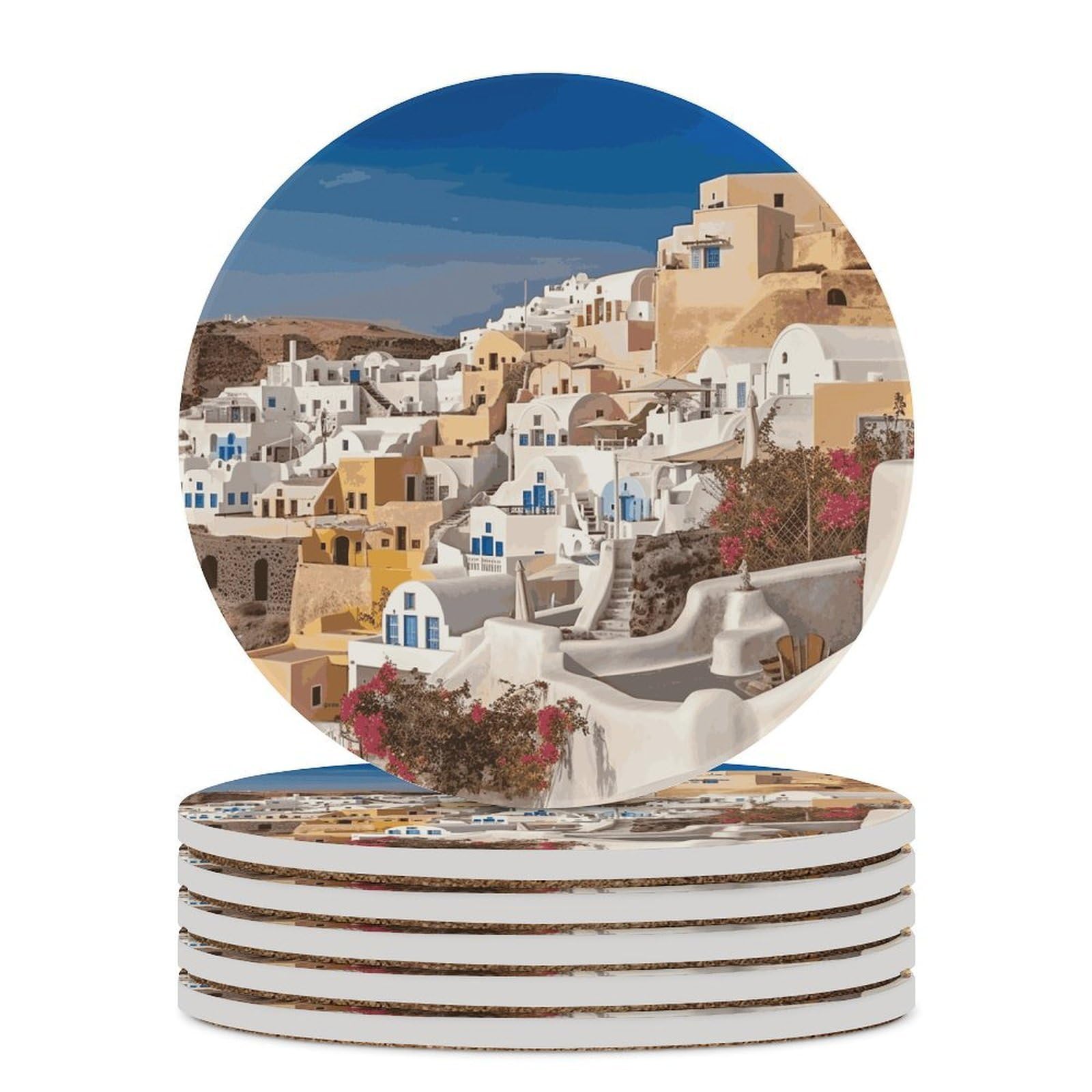 Khauerbc Style Santorini Town Drink Coasters With Holder For Coffee Table,Ceramic Coaster With Cork Base,Ceramic Stone Coaster For Iced Cold Or Hot Drinks,4.1 Inches