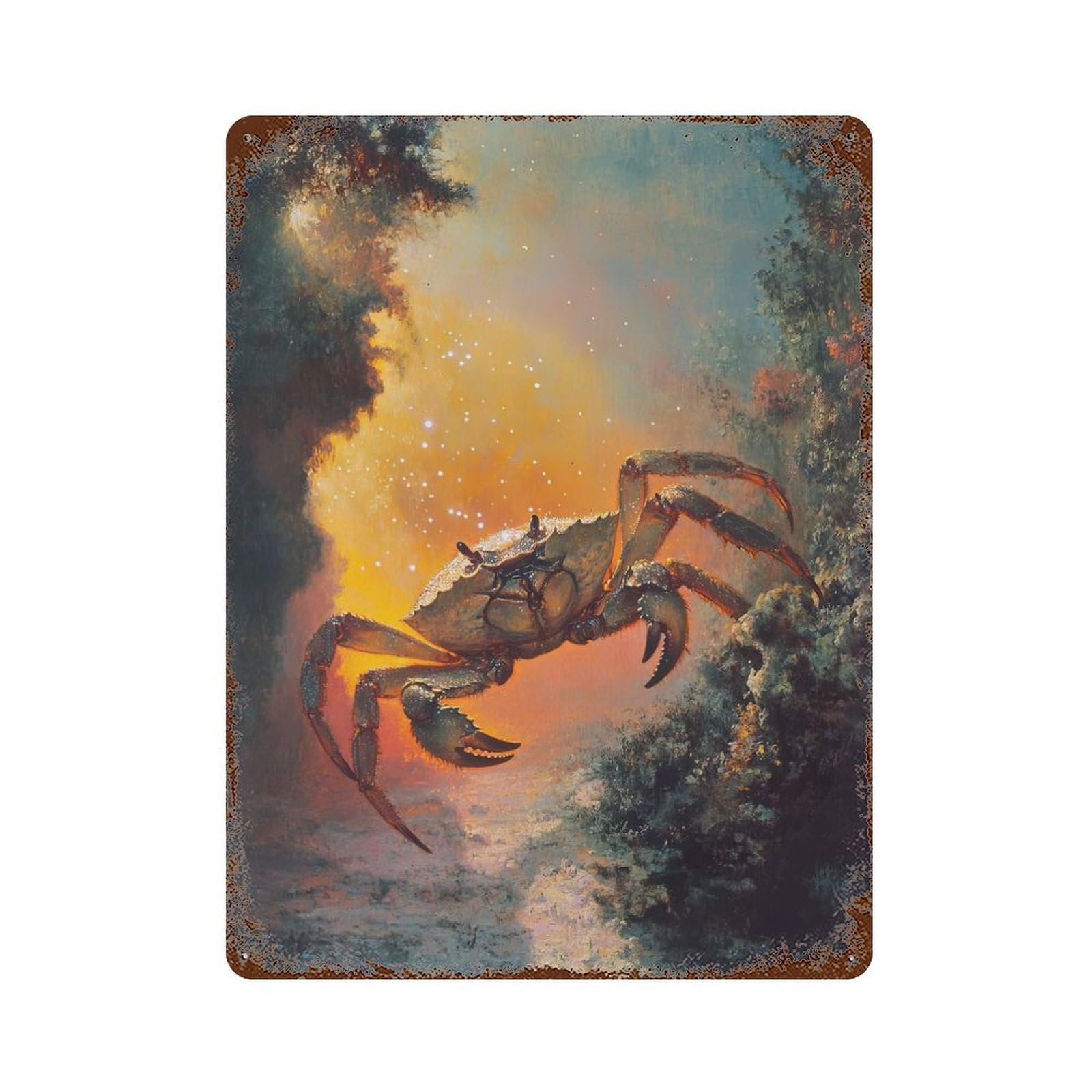 Crab in A Mystical Setting Rust Effect Tin Sign 15.7"x11.8", Novelty Wall Decor for Garage, Pub Or Kitchen