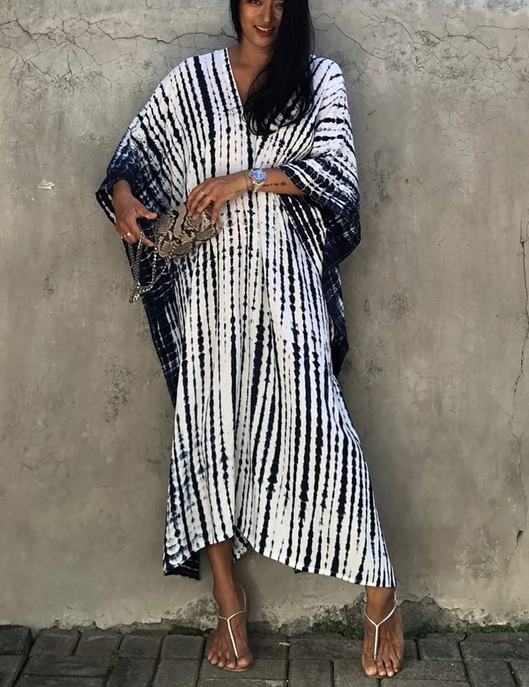 Eddoyee Plus Size Beach Kaftan Dresses for Women Print V-Neck Long Swimsuit Cover Ups - Image 5