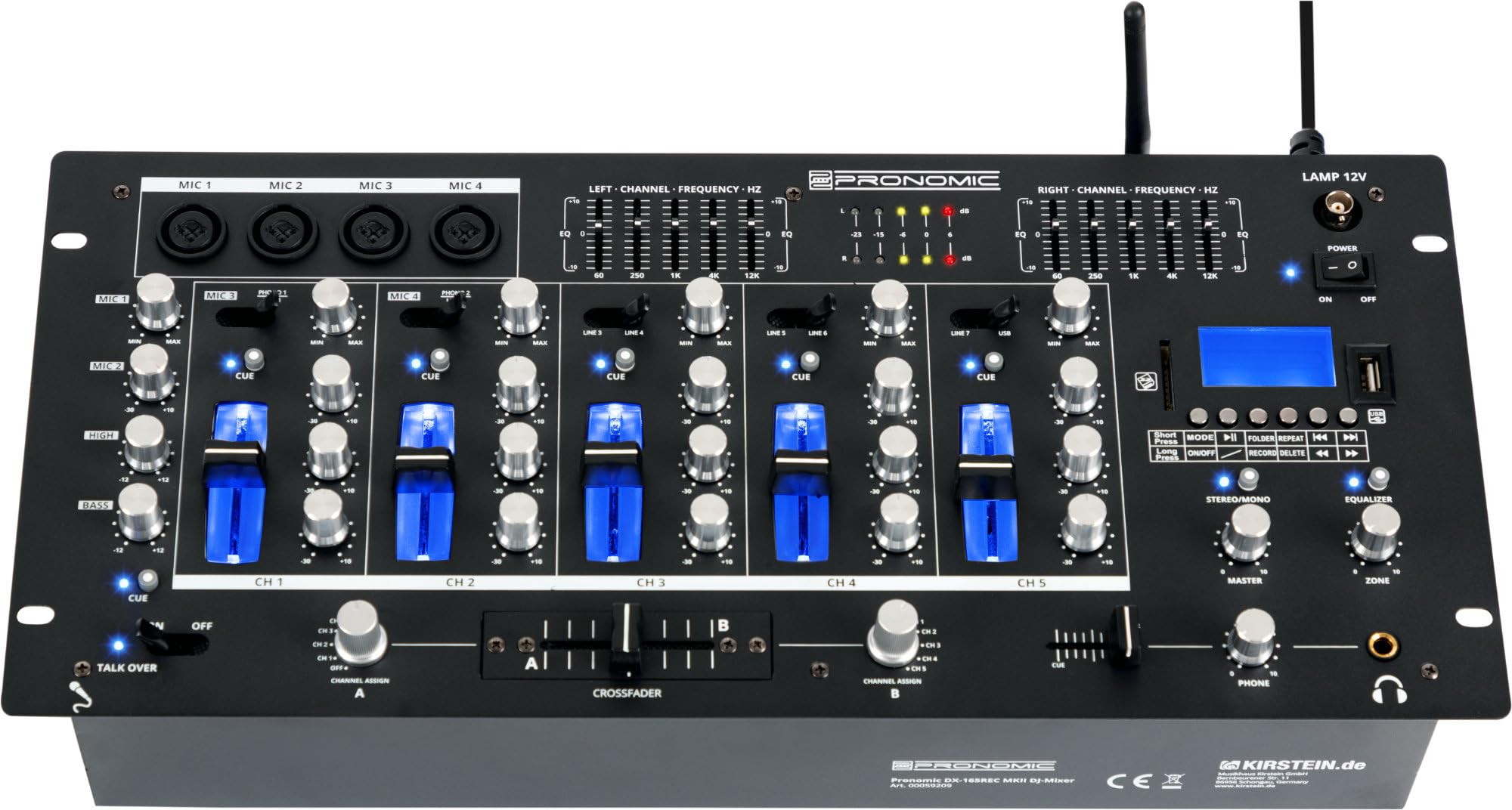 Pronomic DX-165REC MKII DJ-Mixer - Mixeur 5 canaux avec lecteur USB/SD/Bluetooth - Fonction Cue - Fonction enregistrement - 4 entrées micro - Égaliseur graphique