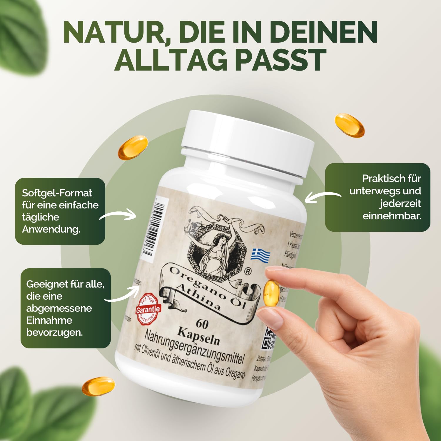 Athina® Oregano Öl 1 x 60 Kapseln I Softgels-Forte 500 mg | 100 mg pro Kapsel & 400 mg natives Olivenöl Extra aus Griechenland | 80% Carvacrol