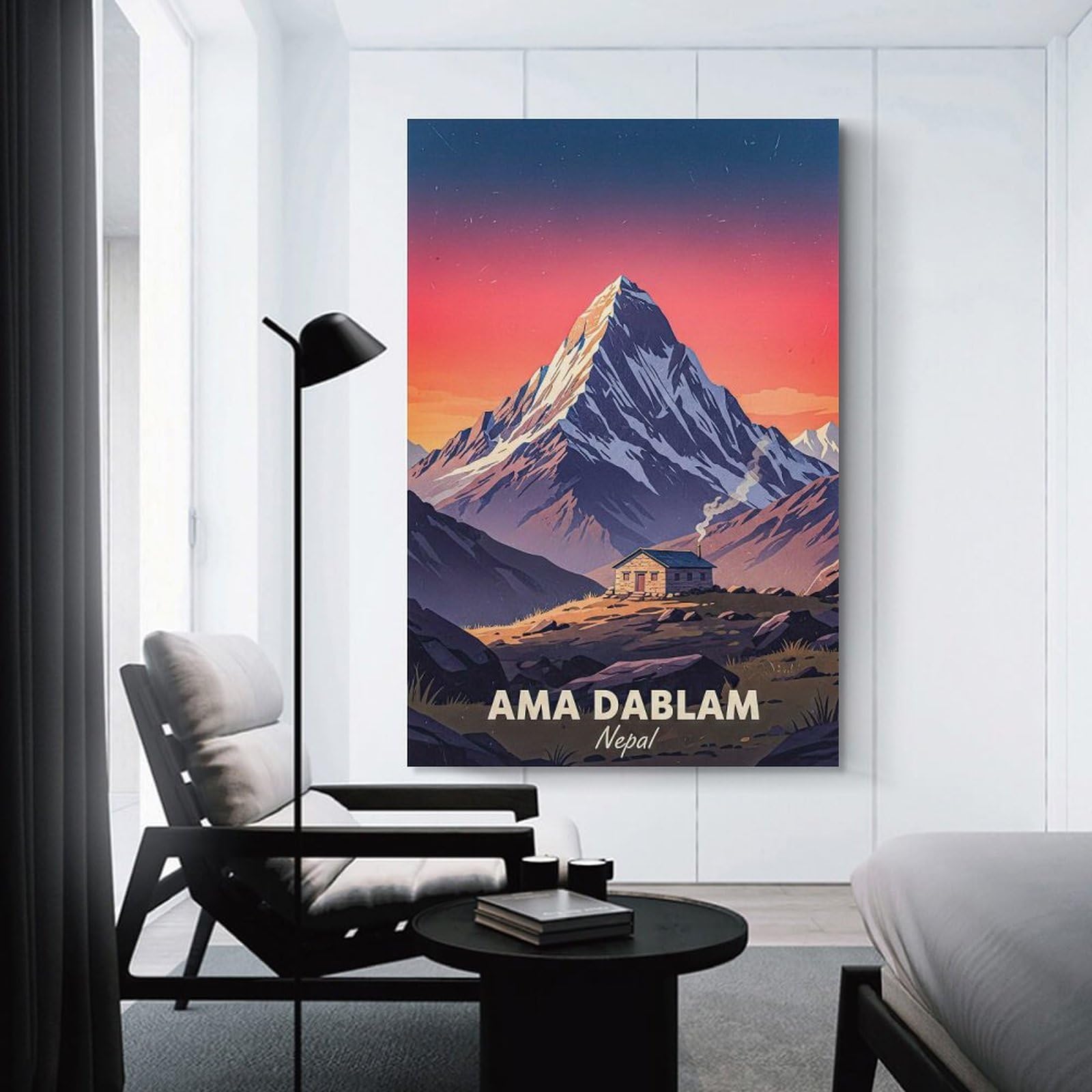 Junmoney Canvas Wall Art Ama Dablam Nepal Mountain Cabin, 24x36inch(60x90cm), for Lounge Decor, Bedroom Walls Or Flats, A Home Accent with Warm Character