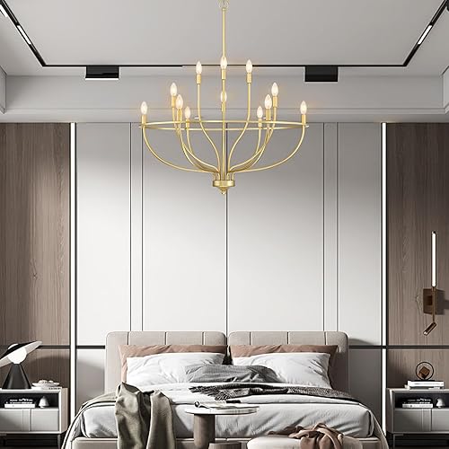 Miniatura 4 de Senroyal Candelabro dorado para comedor, lámpara colgante clásica de 12 luces de granja sobre la mesa, candelabro grande de latón para isla de