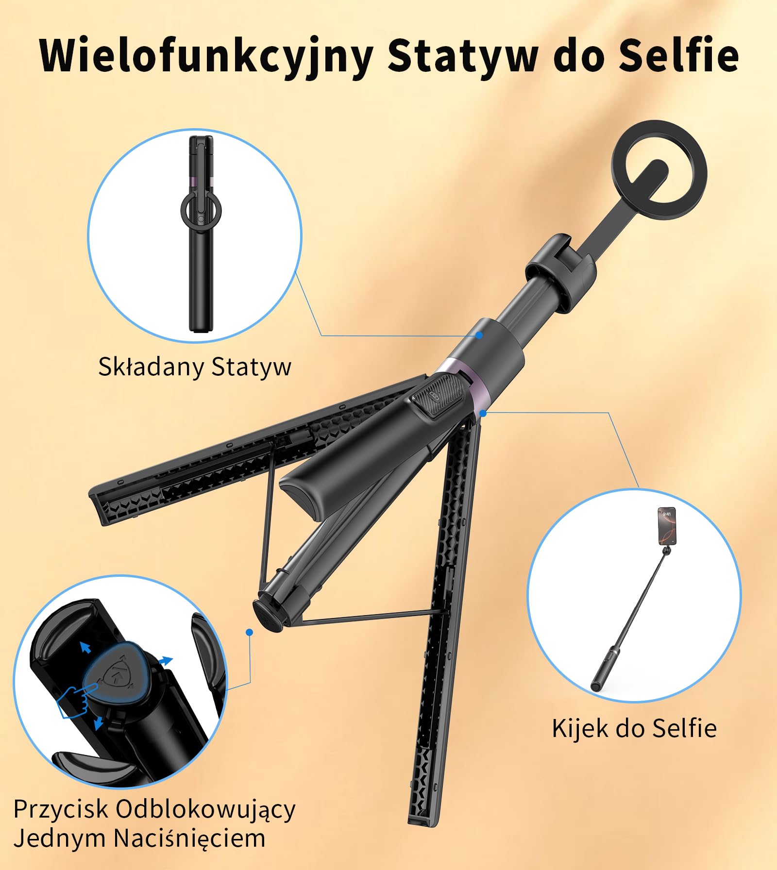 TONEOF 173cm Magnetyczny statyw do selfie, mocny magnetyczny uchwyt aluminiowy do Magsafe, obrót o 360°, wysuwany statyw z pilotem, przenośny statyw do telefonu komórkowego–Czarny Fioletowy