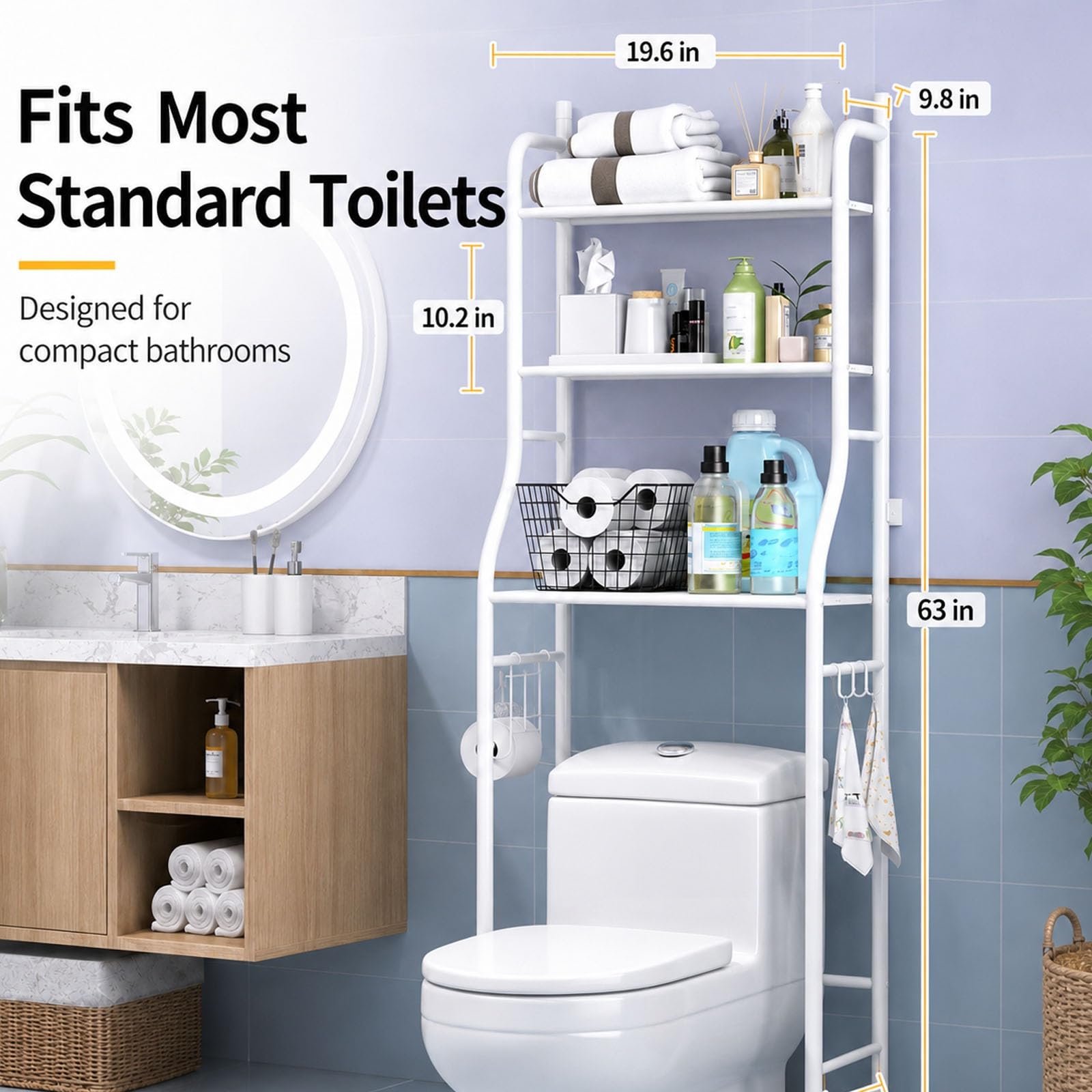 Mobile Sopra WC a 3 Ripiani, Scaffale Portaoggetti Bagno Autoportante | Organizzatore WC Salvaspazio per Piccoli Bagni, Mensola Sopra Toilette per Asciugamani(White)