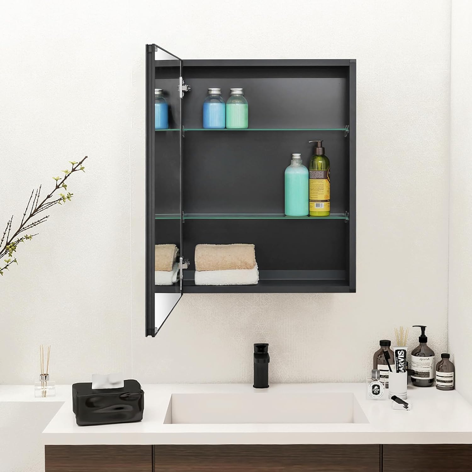 Fundin Medicine Cabinet 20 x 26 inches Mirror Size, Recessed or Surface Mount, Black Aluminum Bathroom Wall Cabinet with Mirror and Adjustable Shelves.