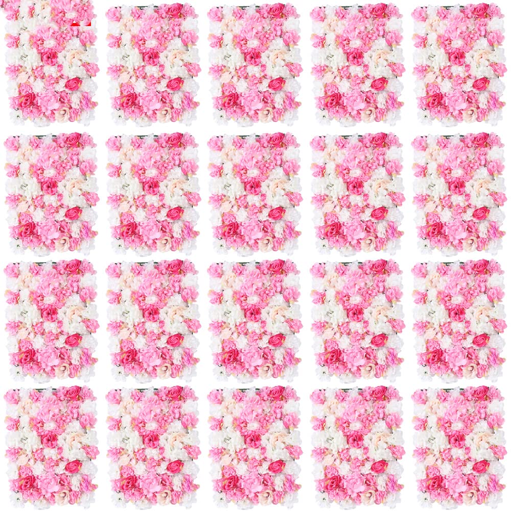 LOYALHEARTDY 20 Pack Artificial Flower Wall Panels 24" x 16" Pink&White Faux Hydrangea and Rose Artificial Flower Backdrop Panels for Wedding Party Event Flower Wall Decor