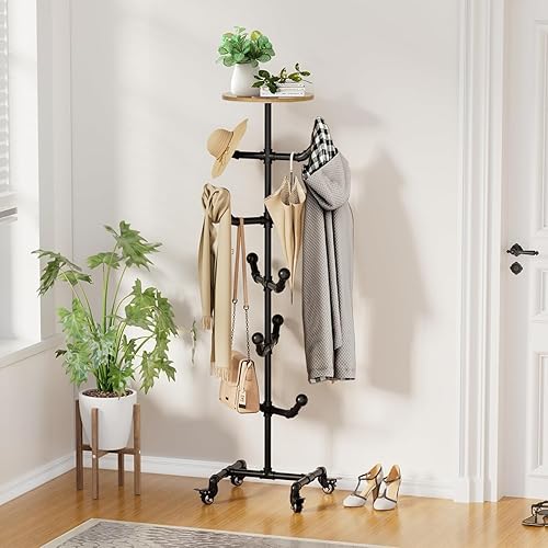 Miniatura 8 de uyoyous Estante de metal rústico para sombreros, soporte de exhibición independiente para sombreros con ruedas, organizador industrial para