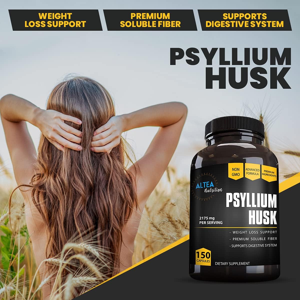 Altea Nutrition Psyllium Husk Capsules 725 mg, Plant Based, Sugar-Free, Non-GMO, Natural Soluble Fiber Supplement for Digestion - 150 Capsules : Health & Household