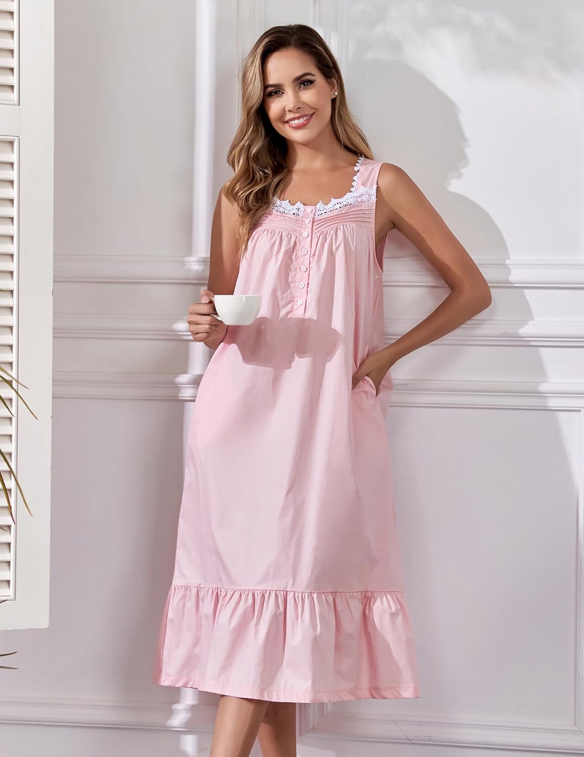 100% Cotton Nightgowns For Women Sleeveless Night Gown Long Sleep Dress With Pockets - Image 3