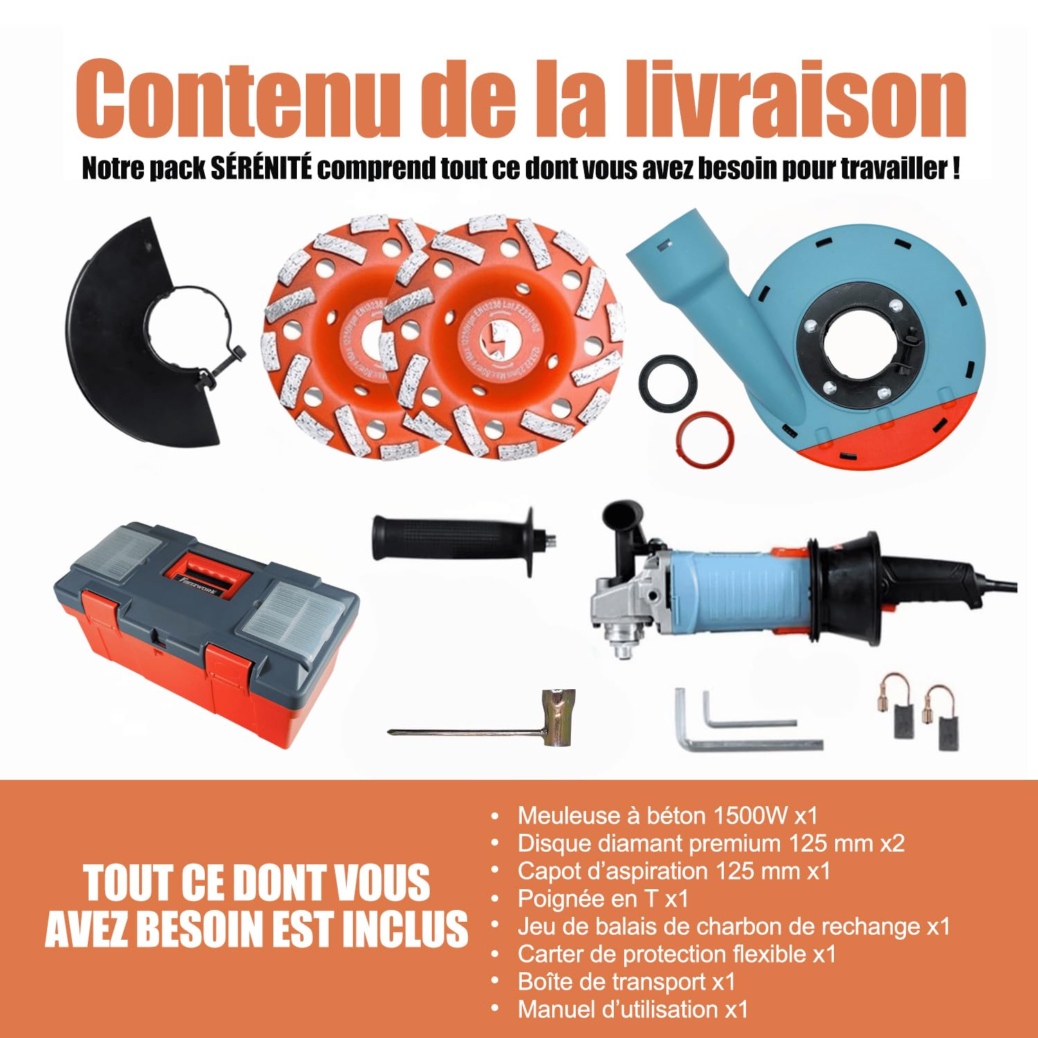 FANZWORK Ponceuse à béton, 1500 W, Vitesse de Rotation Réglable, avec Meule Diamantée de Qualité Supérieure de 125 mm, Capot d'aspiration, Poignée en forme de T (avec 2 meules de 125 mm)