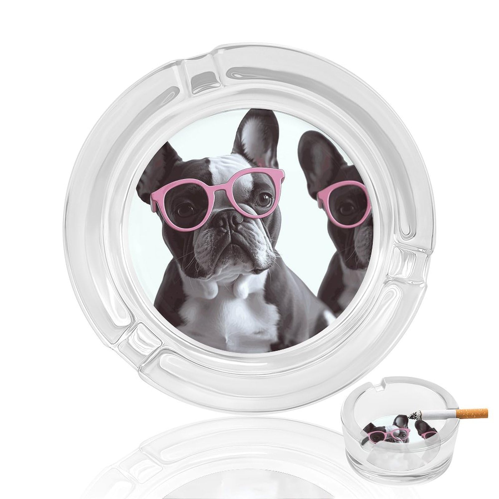 French Bulldog Pink Glasses Glass Ashtray for Cigarette,Cigarette Ashtray for Indoor Or Outdoor Use,Cigar ash trays case with 3 Notches-Glass Decor Gift for Men Smokers