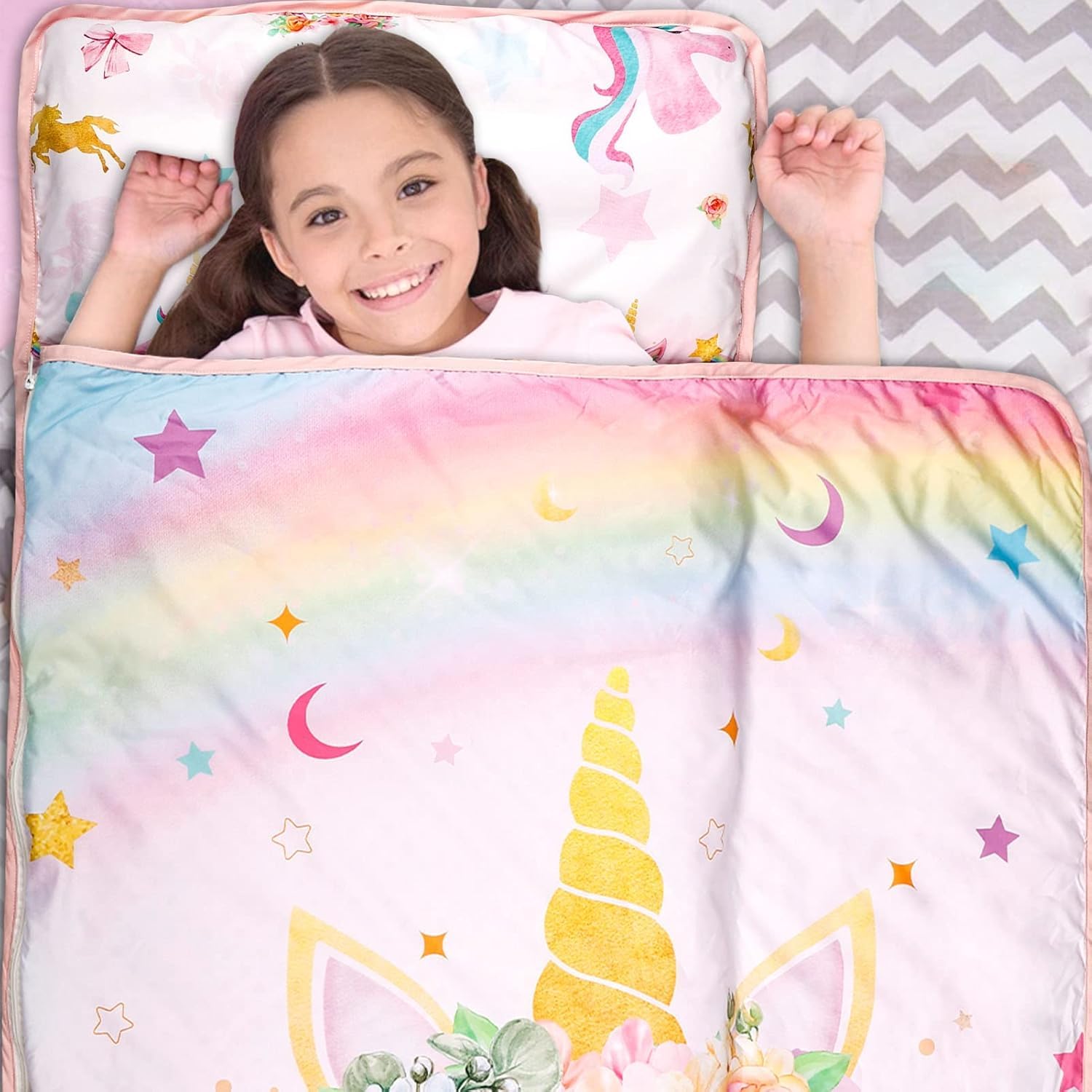 Hooyax Tapis de Sieste pour Tout-Petits avec Oreiller Amovible et Couverture Douce, Tapis de Sieste pour Enfants, Sacs de Couchage roulés pour garçons, Maternelle, garderie, Camping, 58,2 x 130 cm