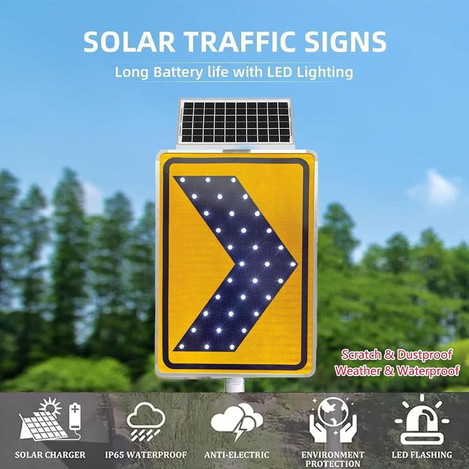Panneau Métallique À Flèche Droite en Chevron Solaire, Panneau De Signalisation Routière LED pour La Sécurité Routière, Polyvalent, Utilisable À Gauche Et À Droite. Yellow 600 * 800mm