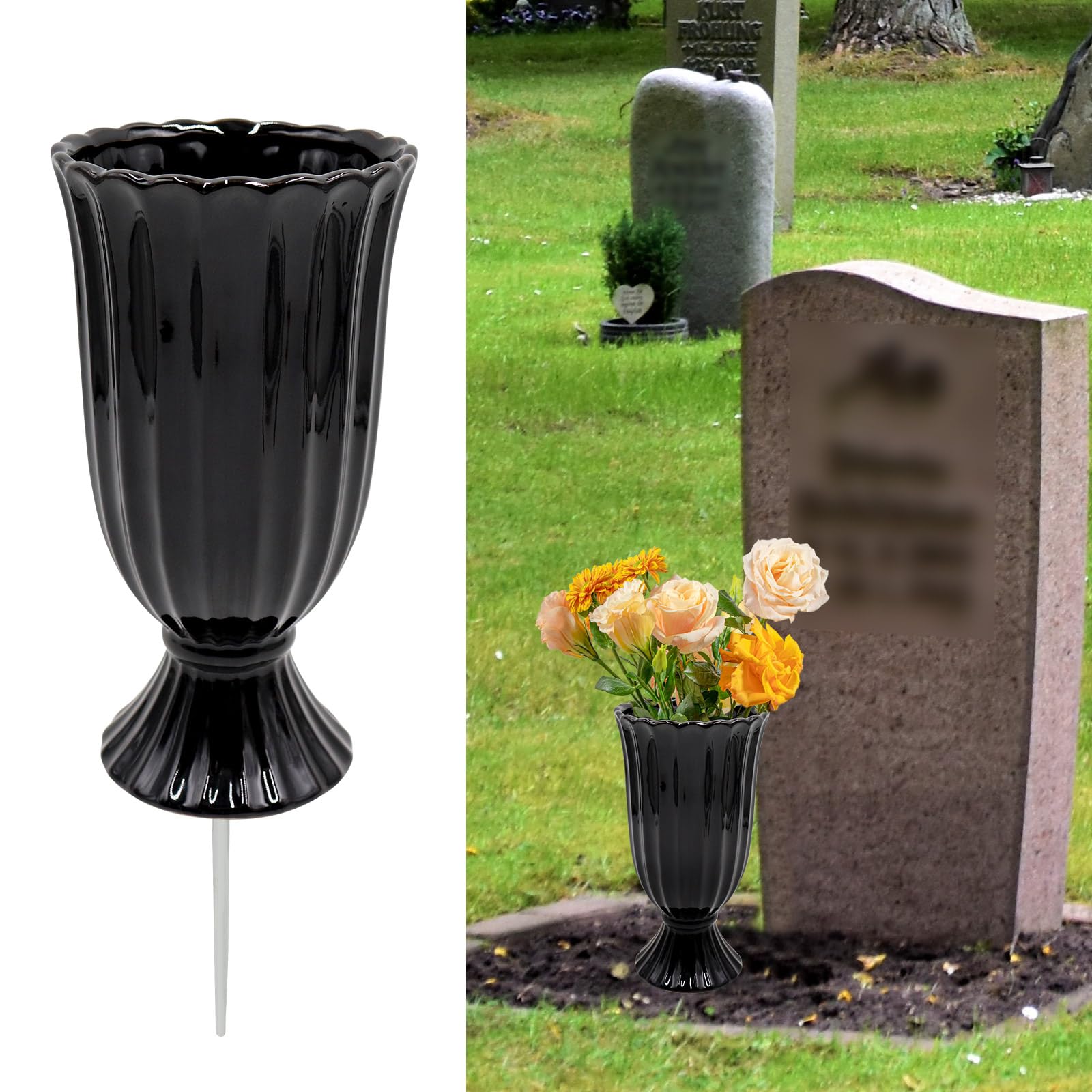 Cemetery Vase for Grave Decorations with Metal Spike, Black Ceramics Cemetery Vase Decorations for Grave, Memorial Grave Markers, Graveside Decor Sign