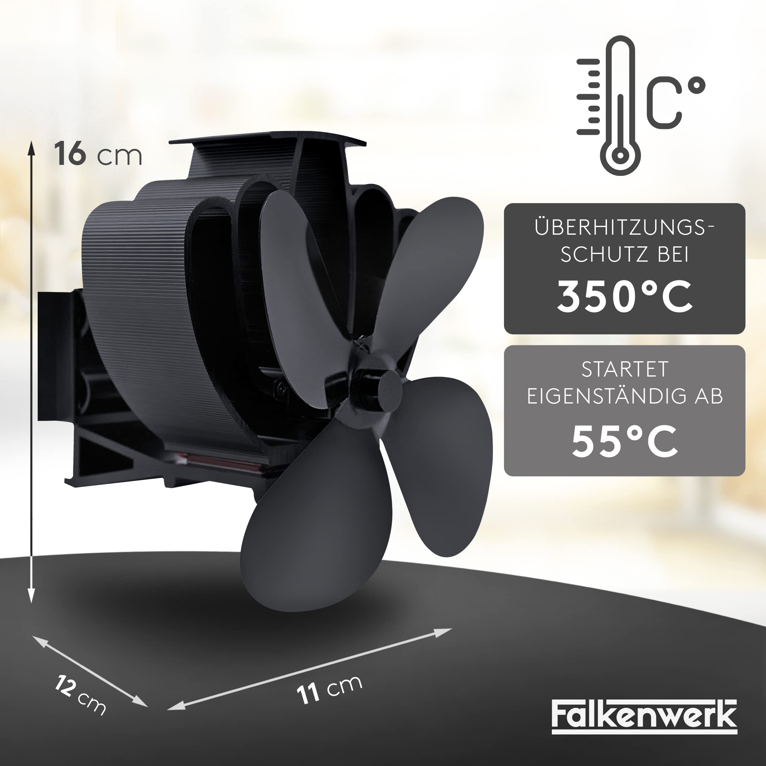 HECUSAM Stille haardventilator zonder stroom met thermometer, 6 bladen voor een snellere warmteverdeling, haardventilator voor hout/brandhout/haard/open haard/slang