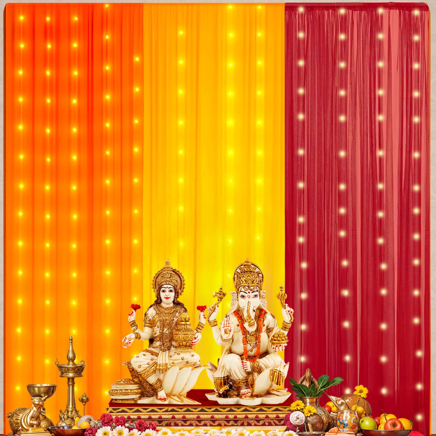 Party Propz Yellow, Orange, Red Backdrop Decorations Set Combo, Haldi Decor, Diwali Decoration for Home Decor, Navratri Decoration Items, Backdrop Cloth for Decorations Pooja (Net Mix Curtain) - Image 8 thumbnail