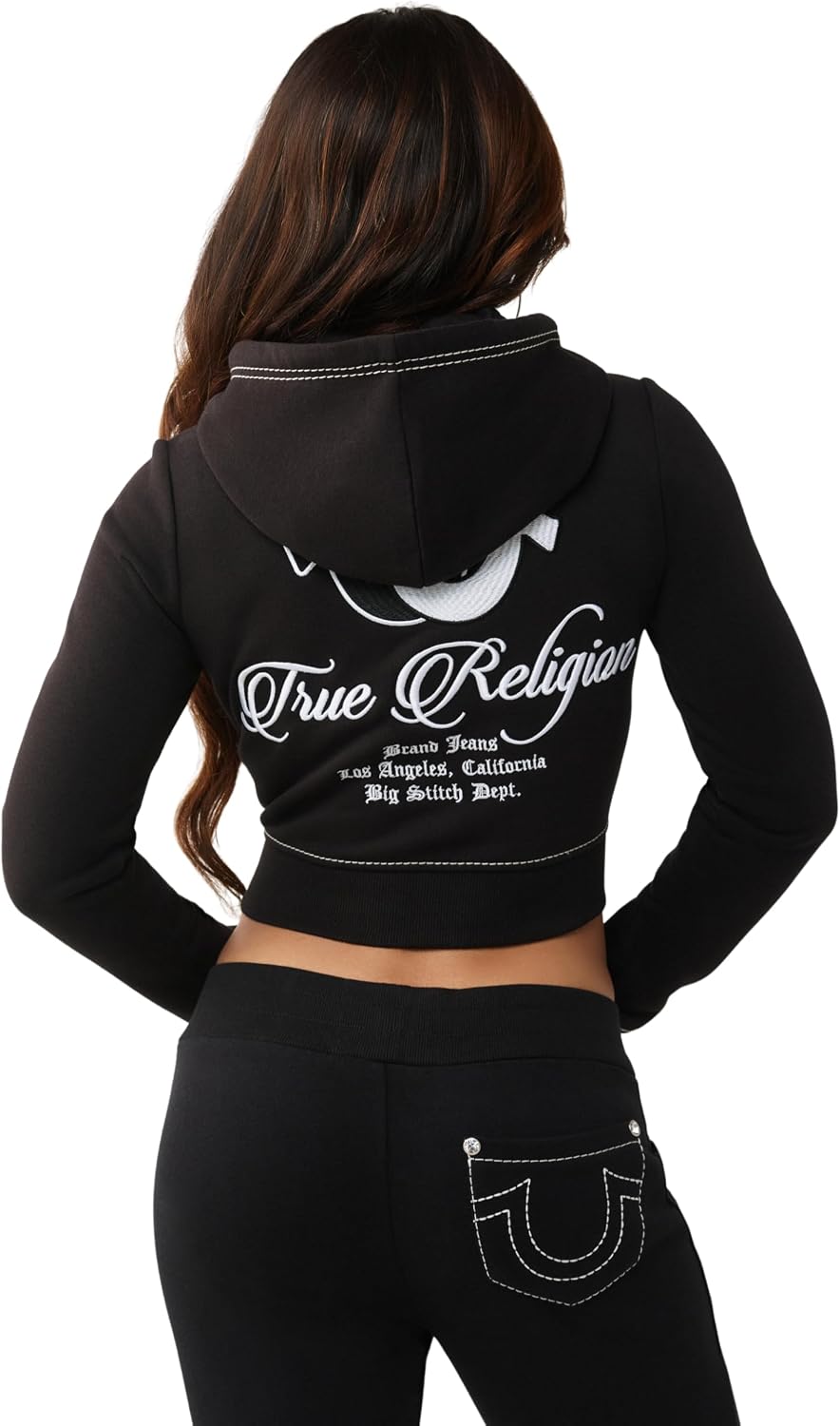 True Religion Women’s Shrunken Big T Zip Hoodie – Cropped Fit, Split Pockets, Horseshoe Detailing