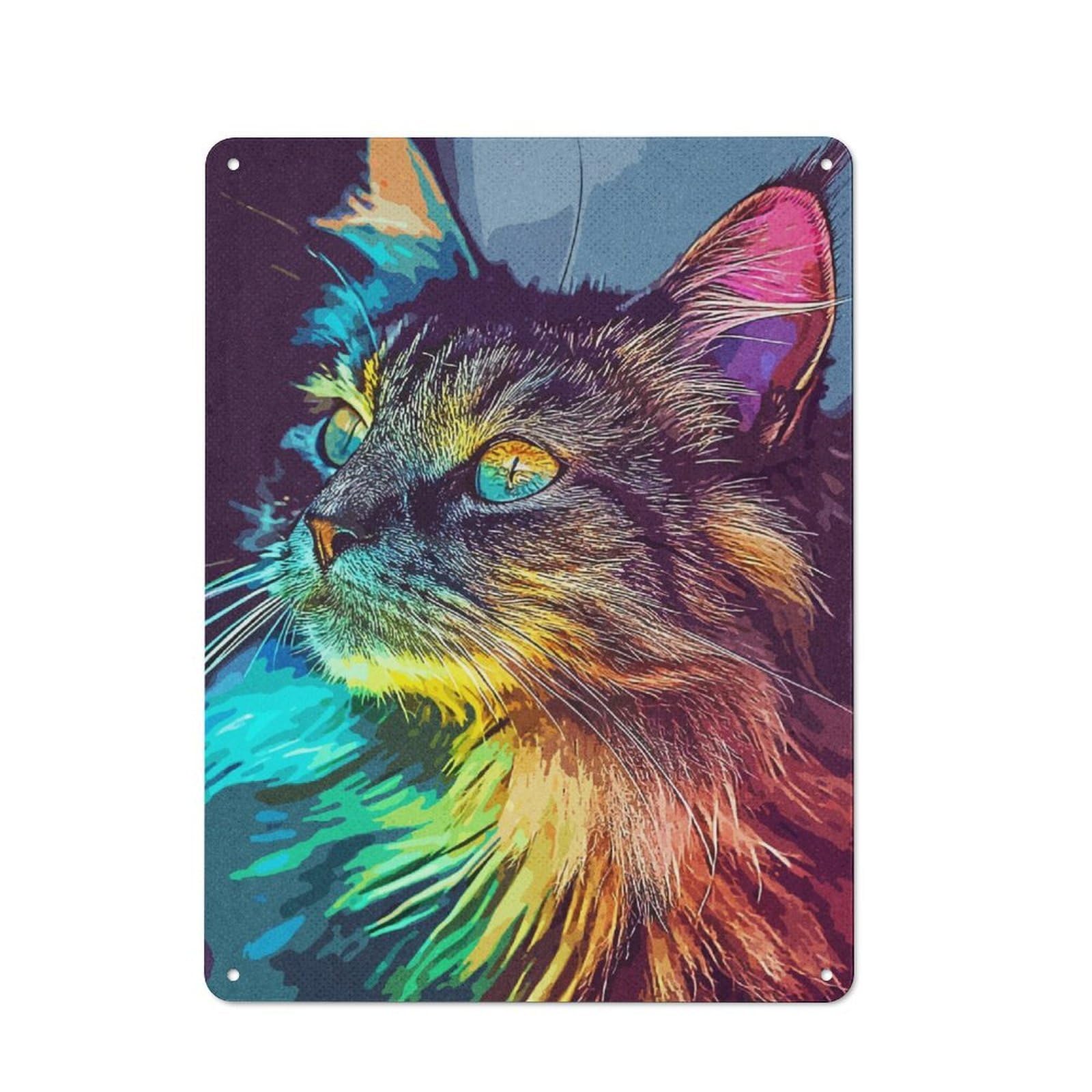 Junmoney Rainbow Cat Retro Metal Sign 40X30cm, Distressed Look Retro Room Decor For Living Room, Hallway, Kitchen Or Cafe