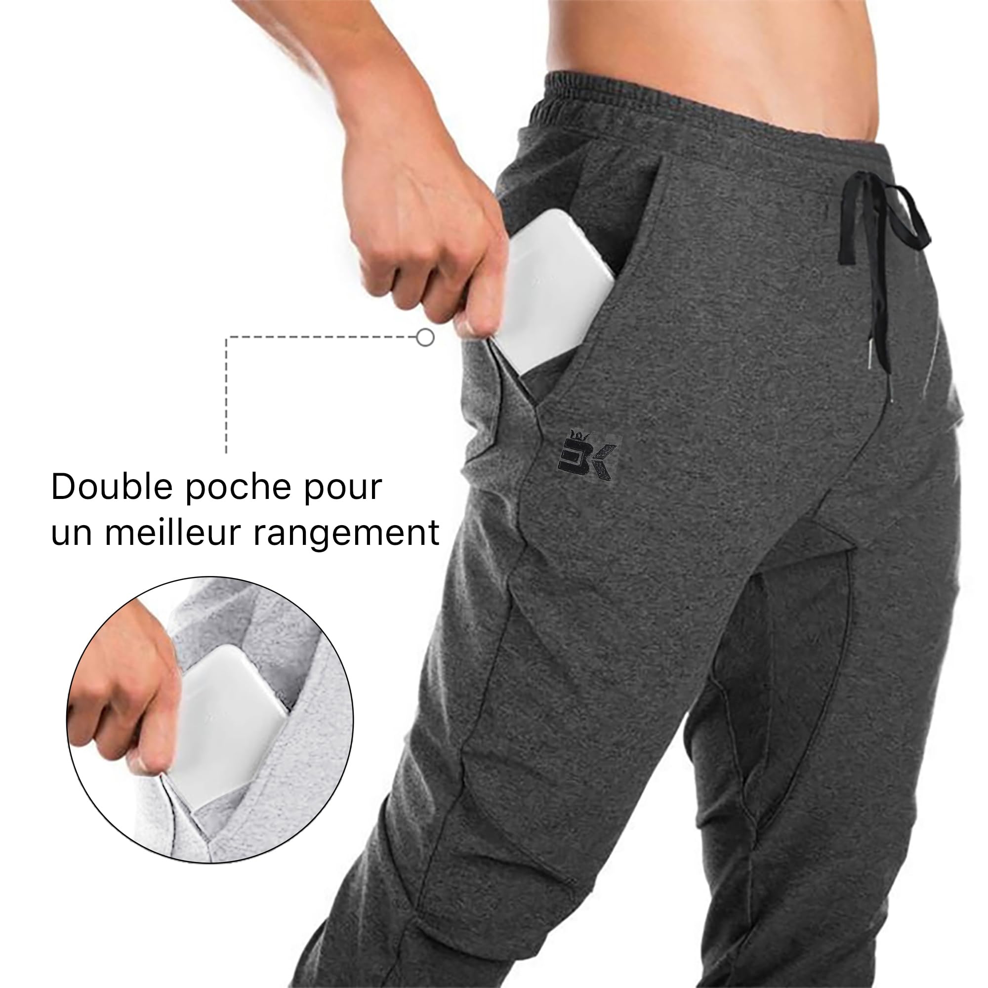BROKIG Pantaloni sportivi da jogging da uomo a doppia tasca, pantaloni fitness con zip e stretch, per uomo, pantaloni in cotone, grigio, M