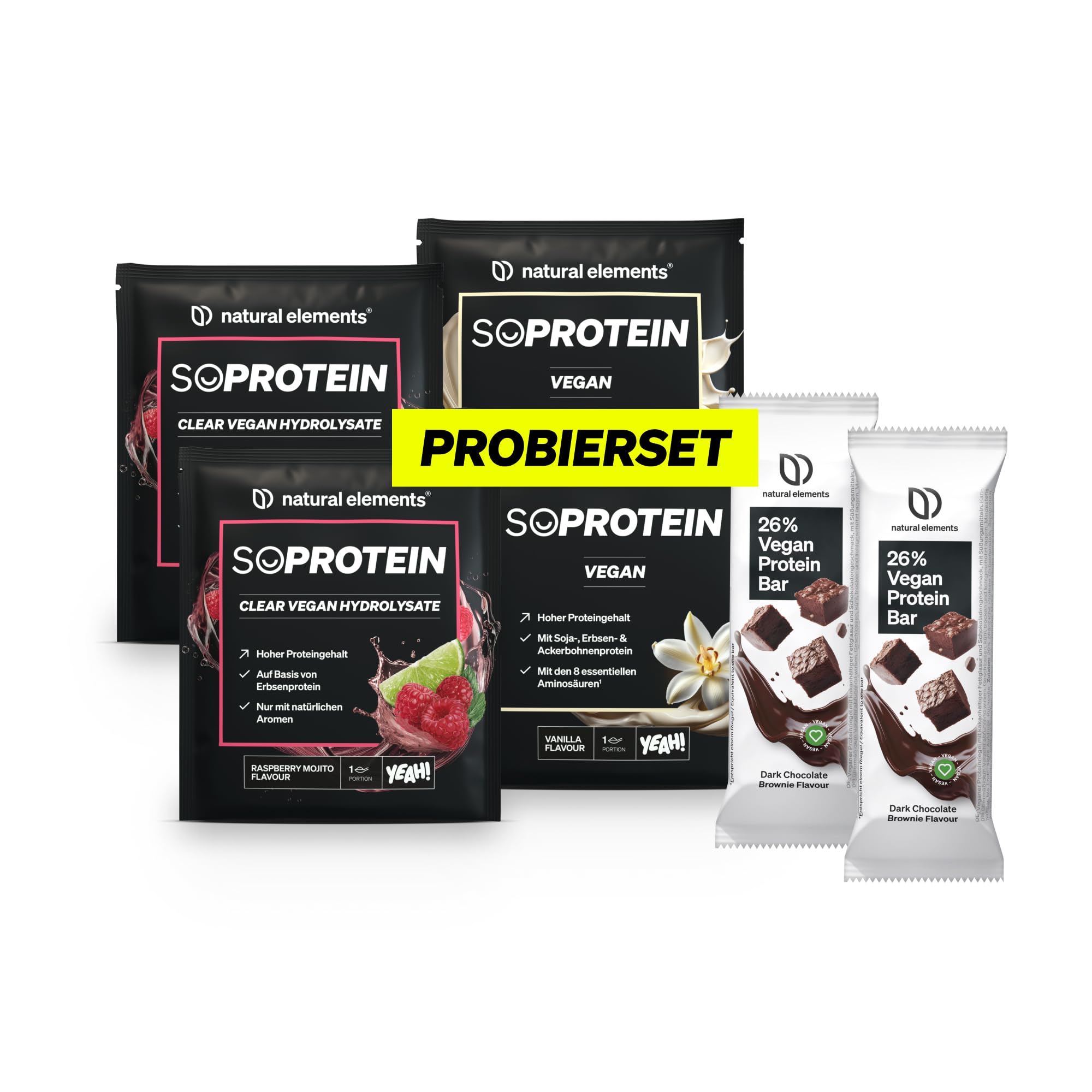 natural elements Veganes Probierset – SoProtein Vegan Vanilla – SoProtein Clear Vegan Hydrolysate Raspberry Mojito – Vegan Protein Bar Dark Chocolat Brownie – in Deutschland produziert & laborgeprüft