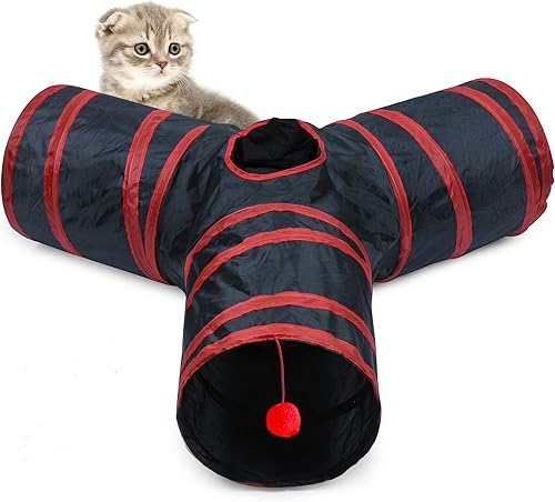 Túnel para gatos, tubo plegable con 1 juguete de pelota de juego, túneles de gato de 3 vías para gatos de interior, cachorros, gatitos, gatitos,